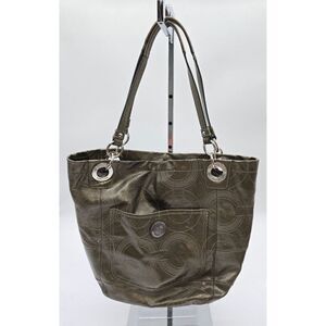 Coach Metallic Bronze Leather Shoulder Bag With Dual Straps & Exterior Pocket